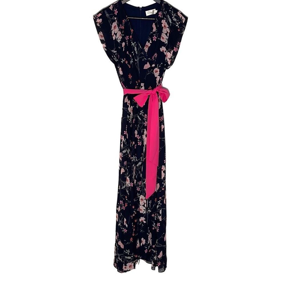 Eliza J High-Low Maxi dress Navy Blue and Cherry Blossom floral Size 10P NWOT - Picture 2 of 12